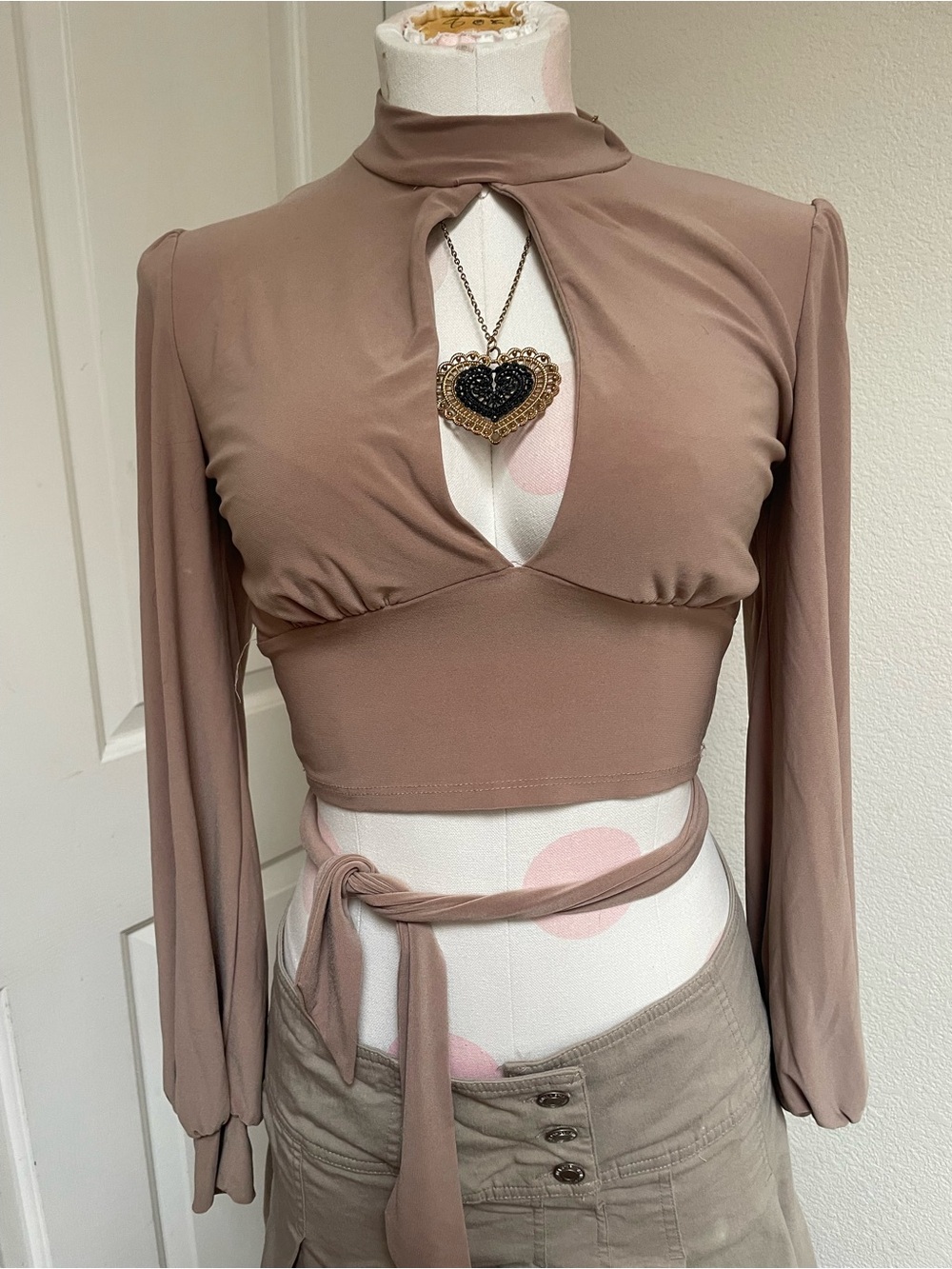 Women's Taupe Long Sleeve Keyhole Wrap Crop Top